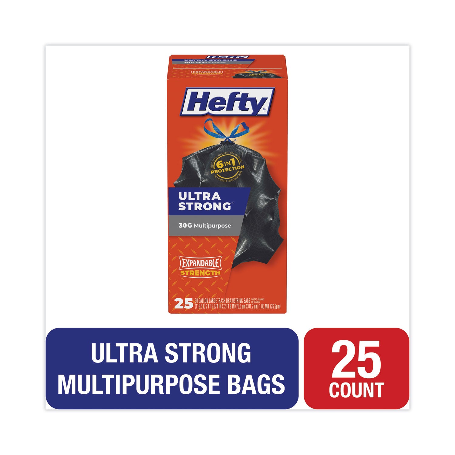 Hefty Ultra Flex Waste Bags, Drawstring, 30 gal, 1.05 mil, 6" x 2.1", Black, 150/Carton (E80627)