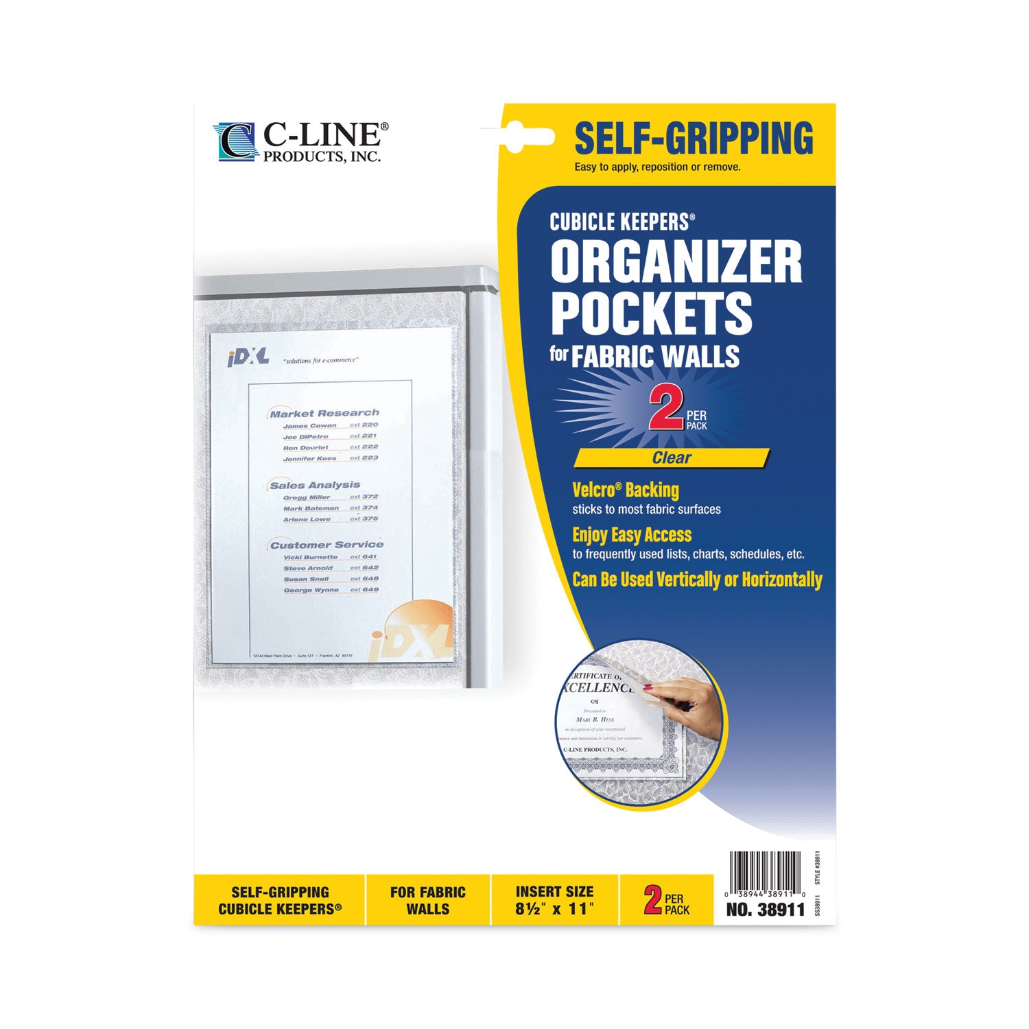 C-Line Cubicle Keepers Hook and Loop-Backed Display, 9.2 x 11.41, Velcro Mount, Clear, 2/Pack (38911)