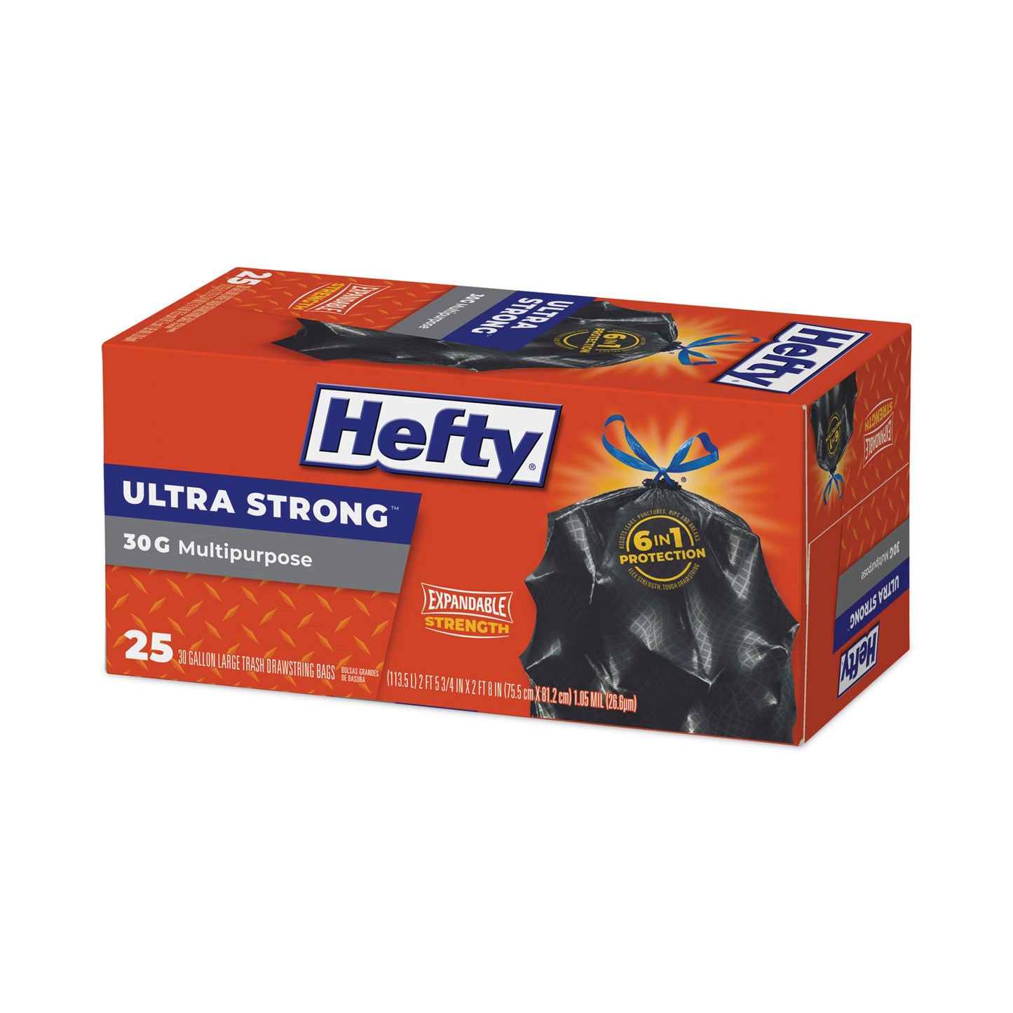 Hefty Ultra Flex Waste Bags, Drawstring, 30 gal, 1.05 mil, 6" x 2.1", Black, 150/Carton (E80627)