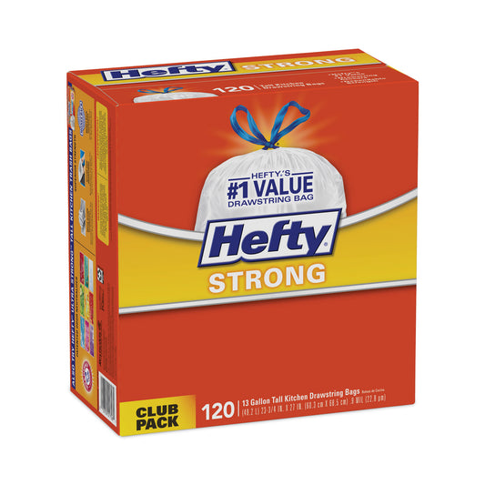 Hefty Strong Tall Kitchen Drawstring Bags, 13 gal, 23.75" x 27", White, 90 Bags/Box, 3 Boxes/Carton (E84574CT)