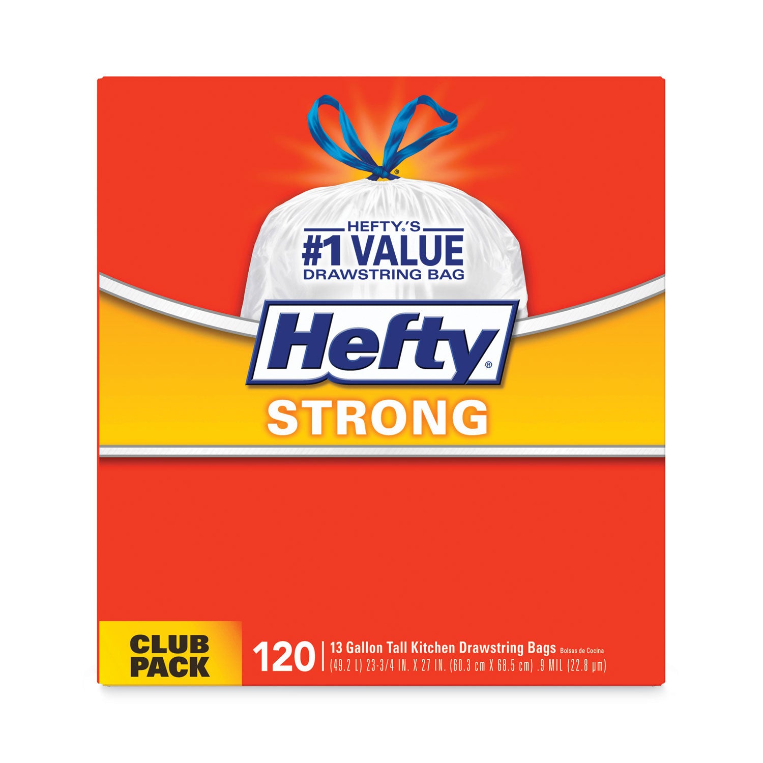 Hefty Strong Tall Kitchen Drawstring Bags, 13 gal, 23.75" x 27", White, 90 Bags/Box, 3 Boxes/Carton (E84574CT)