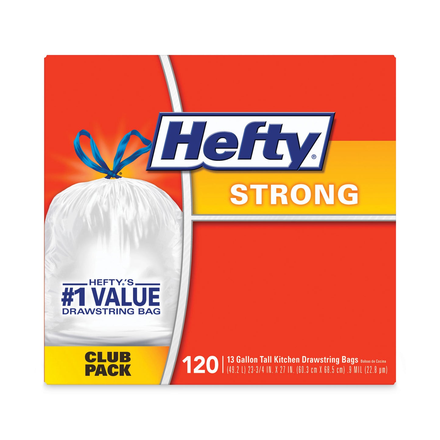 Hefty Strong Tall Kitchen Drawstring Bags, 13 gal, 23.75" x 27", White, 90 Bags/Box, 3 Boxes/Carton (E84574CT)