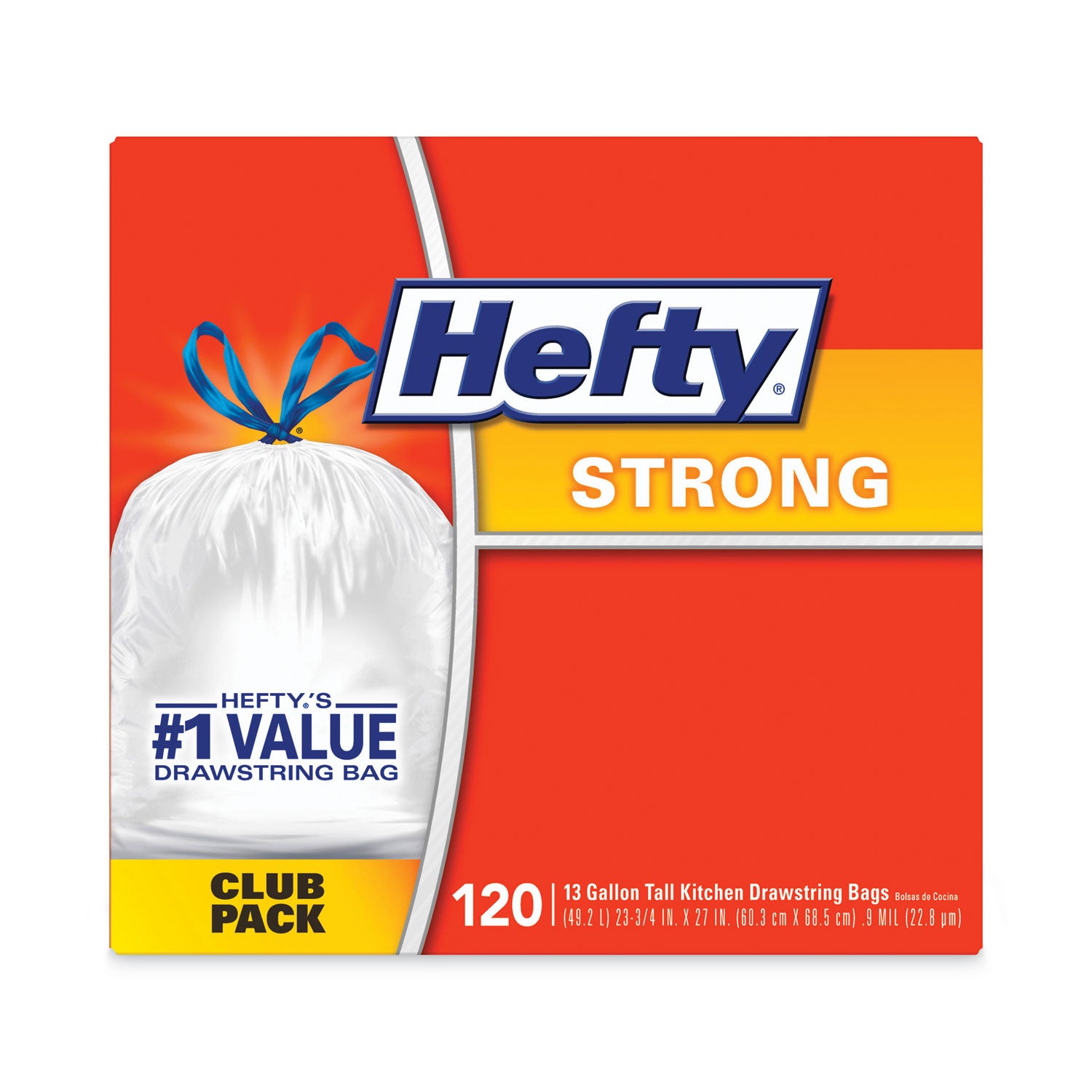 Hefty Strong Tall Kitchen Drawstring Bags, 13 gal, 23.75" x 27", White, 90 Bags/Box, 3 Boxes/Carton (E84574CT)