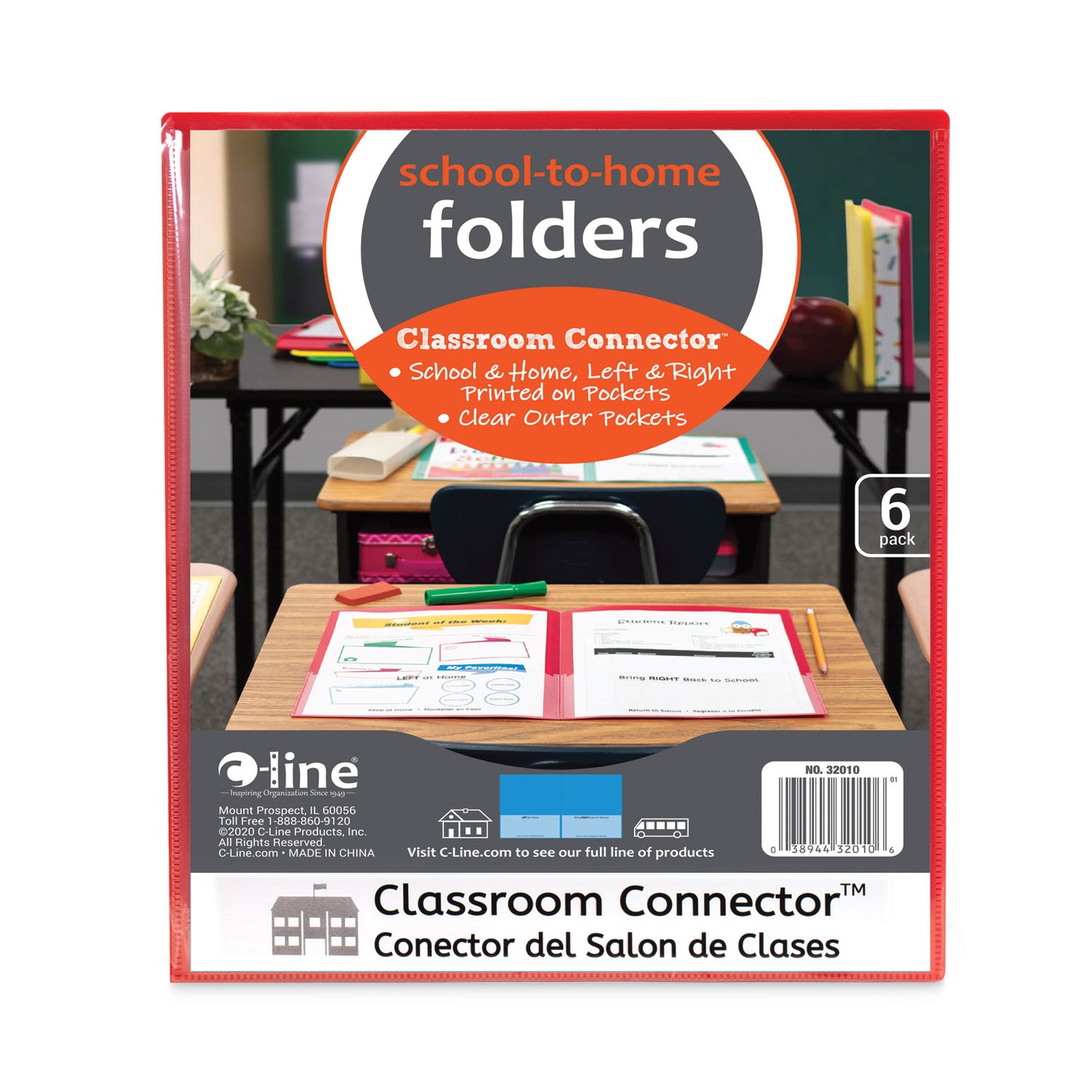 C-Line Classroom Connector Folders, 11 x 8.5, Clear/Assorted, 6/Pack (32010)