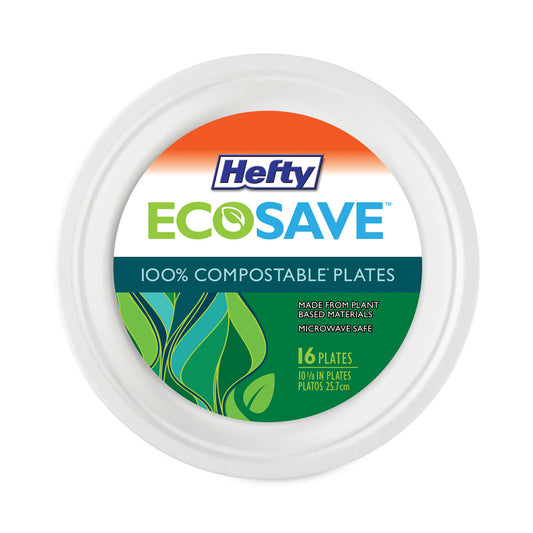 Hefty ECOSAVE Tableware, Plate, Bagasse, 10.13" dia, White, 16/Pack, 12 Packs/Carton (D71016)