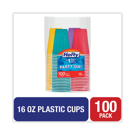 Hefty Easy Grip Disposable Plastic Party Cups, 16 oz, Assorted Colors, 100/Pack (C21637)