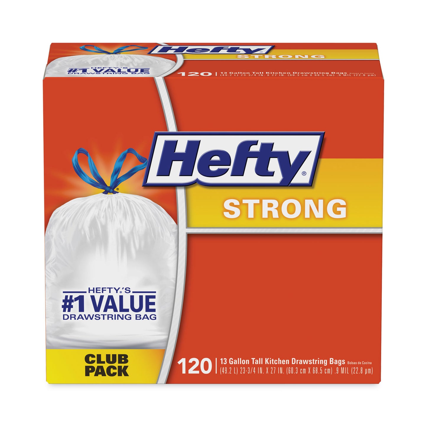 Hefty Strong Tall Kitchen Drawstring Bags, 13 gal, 23.75" x 27", White, 90/Box (E84574)