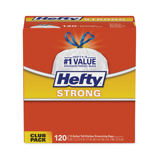 Hefty Strong Tall Kitchen Drawstring Bags, 13 gal, 23.75" x 27", White, 90 Bags/Box, 3 Boxes/Carton (E84574CT)