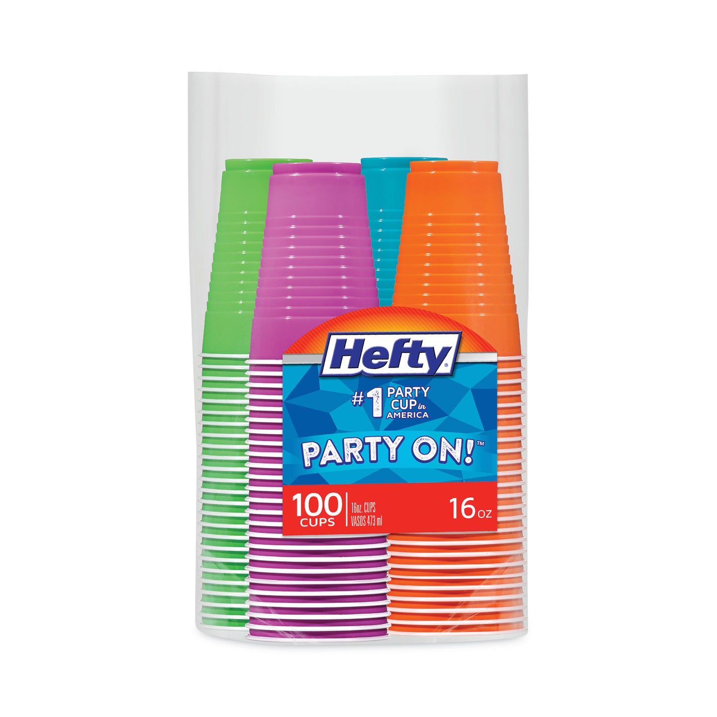 Hefty Easy Grip Disposable Plastic Party Cups, 16 oz, Assorted Colors, 100/Pack (C21637)