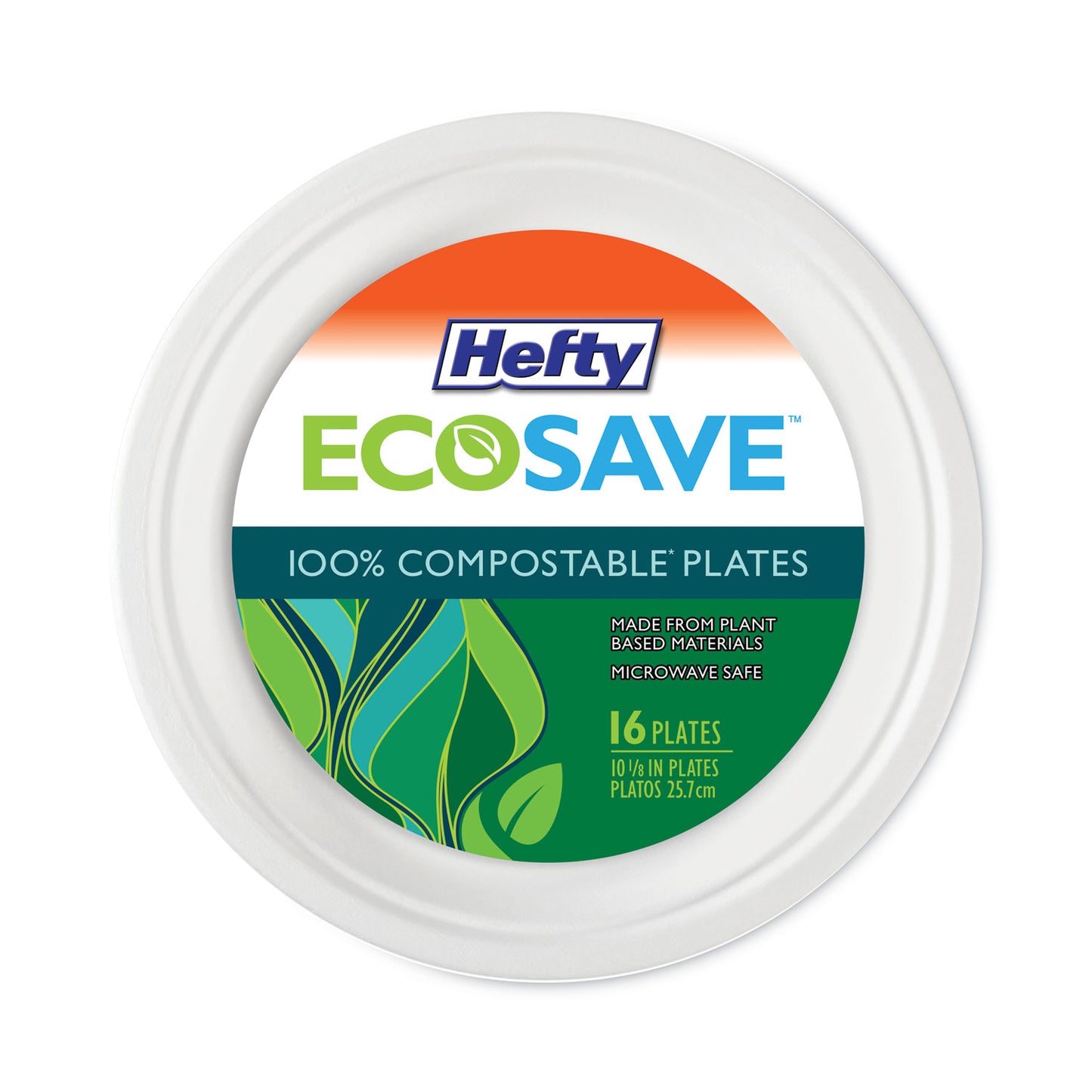 Hefty ECOSAVE Tableware, Plate, Bagasse, 10.13" dia, White, 16/Pack, 12 Packs/Carton (D71016)