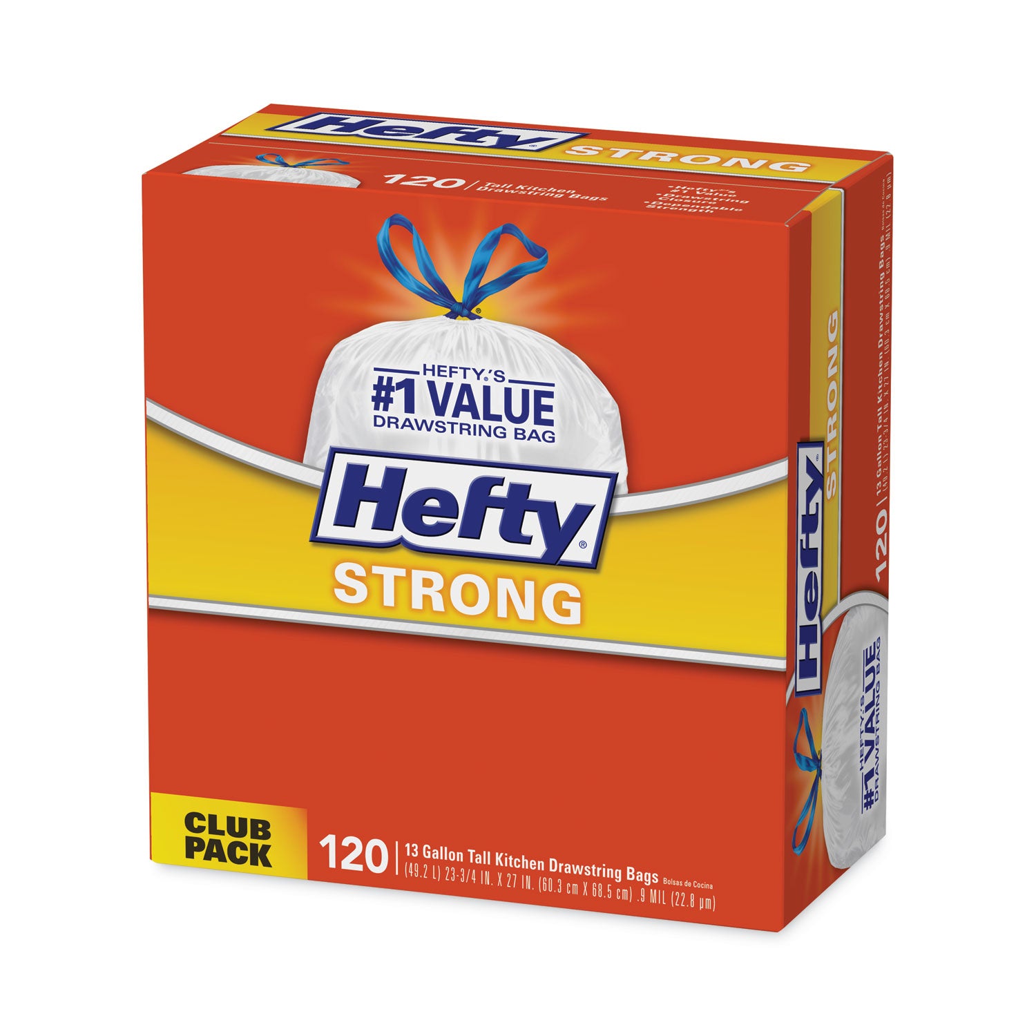 Hefty Strong Tall Kitchen Drawstring Bags, 13 gal, 23.75" x 27", White, 90 Bags/Box, 3 Boxes/Carton (E84574CT)