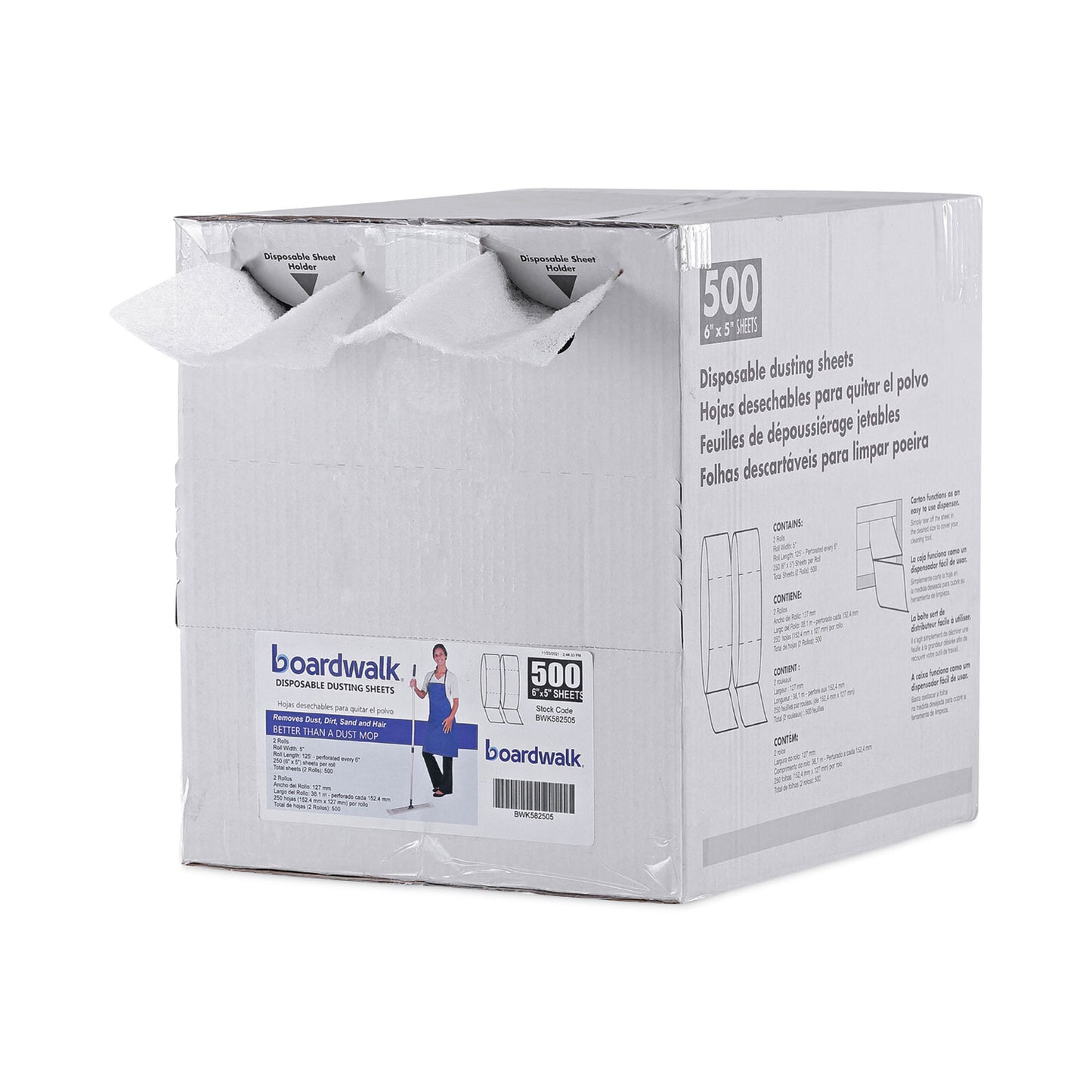 Boardwalk TrapEze Disposable Dusting Sheets, 5" x 125 ft, White, 250 Sheets/Roll, 2 Rolls/Carton (582505)