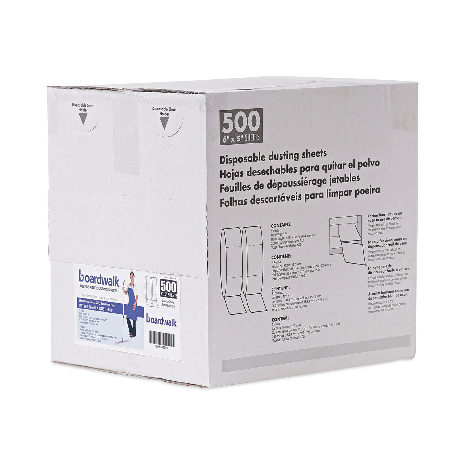 Boardwalk TrapEze Disposable Dusting Sheets, 5" x 125 ft, White, 250 Sheets/Roll, 2 Rolls/Carton (582505)