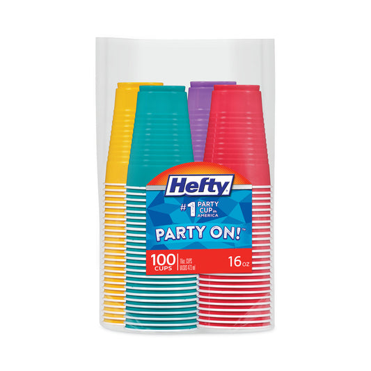 Hefty Easy Grip Disposable Plastic Party Cups, 16 oz, Assorted Colors, 100/Pack, 4 Packs/Carton (C21637CT)