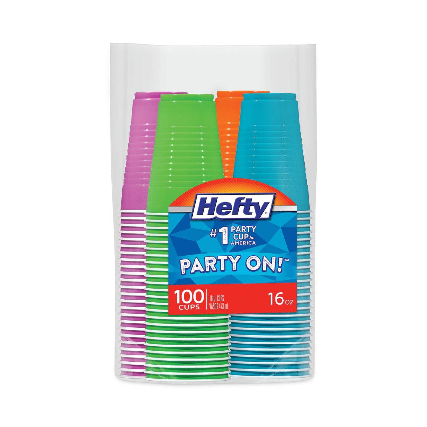 Hefty Easy Grip Disposable Plastic Party Cups, 16 oz, Assorted Colors, 100/Pack, 4 Packs/Carton (C21637CT)