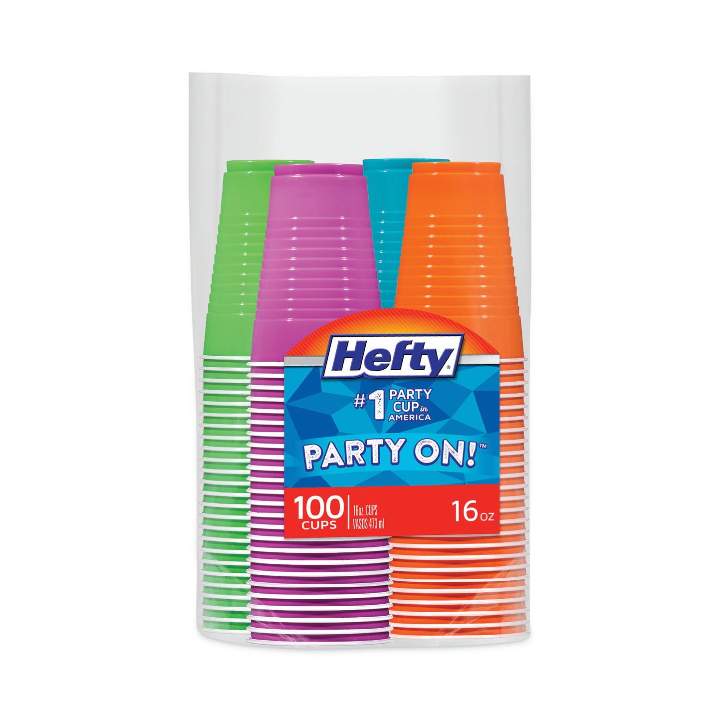 Hefty Easy Grip Disposable Plastic Party Cups, 16 oz, Assorted Colors, 100/Pack, 4 Packs/Carton (C21637CT)