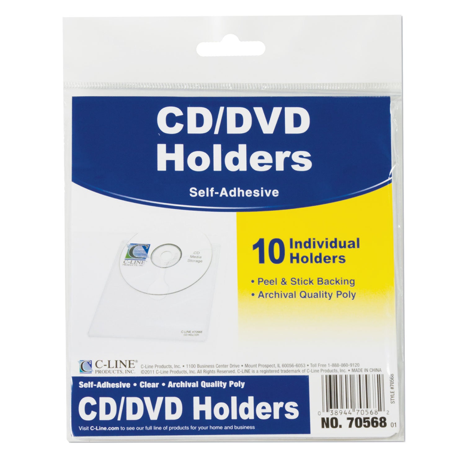 C-Line Self-Adhesive CD Holder, 1 Disc Capacity, Clear, 10/Pack (70568)