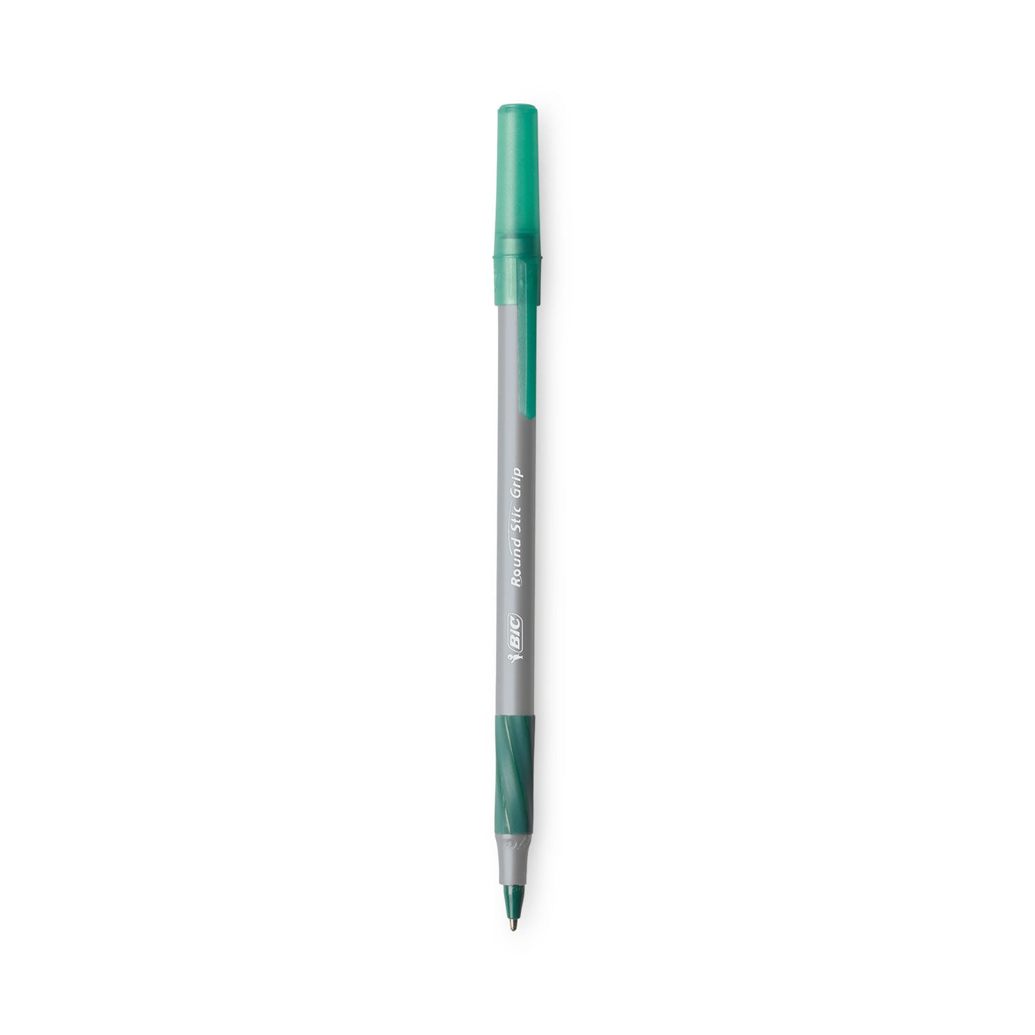 BIC Round Stic Grip Xtra Comfort Ballpoint Pen, Easy-Glide, Stick, Medium 1.2 mm, Green Ink, Gray/Green Barrel, Dozen (GSMG11GN)