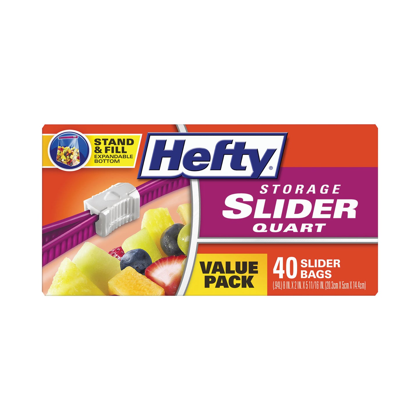 Hefty Slider Stand and Fill Food Storage Bags, Quart, 8" x 7", Clear, 40 Bags/Box, 9 Boxes/Carton (R88075CT)