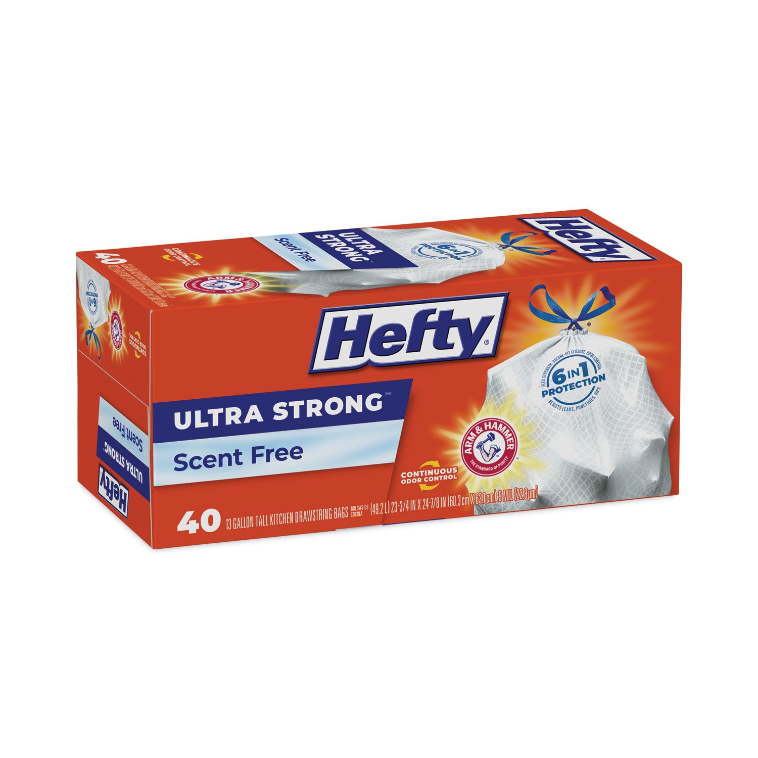 Hefty Extra Heavy-Duty Ultra Strong Tall Kitchen Trash Bags, Drawstring, 13 gal, 23.75" x 24.88", White, 40 Bags/Box, 6 Boxes/CT (E88338CT)