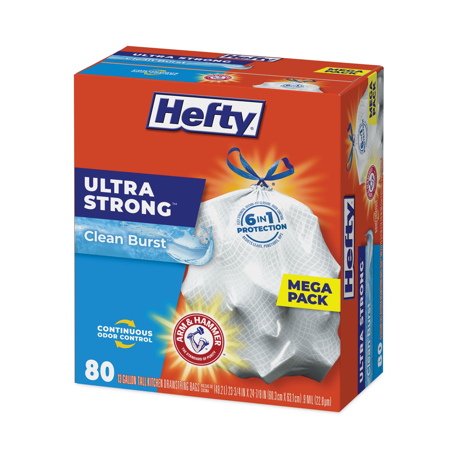 Hefty Extra Heavy-Duty Ultra Strong Scented Tall Kitchen Bags, Drawstring, 13 gal, Clean Burst, 23.75" x 24.88", White, 80/Box (E88356)