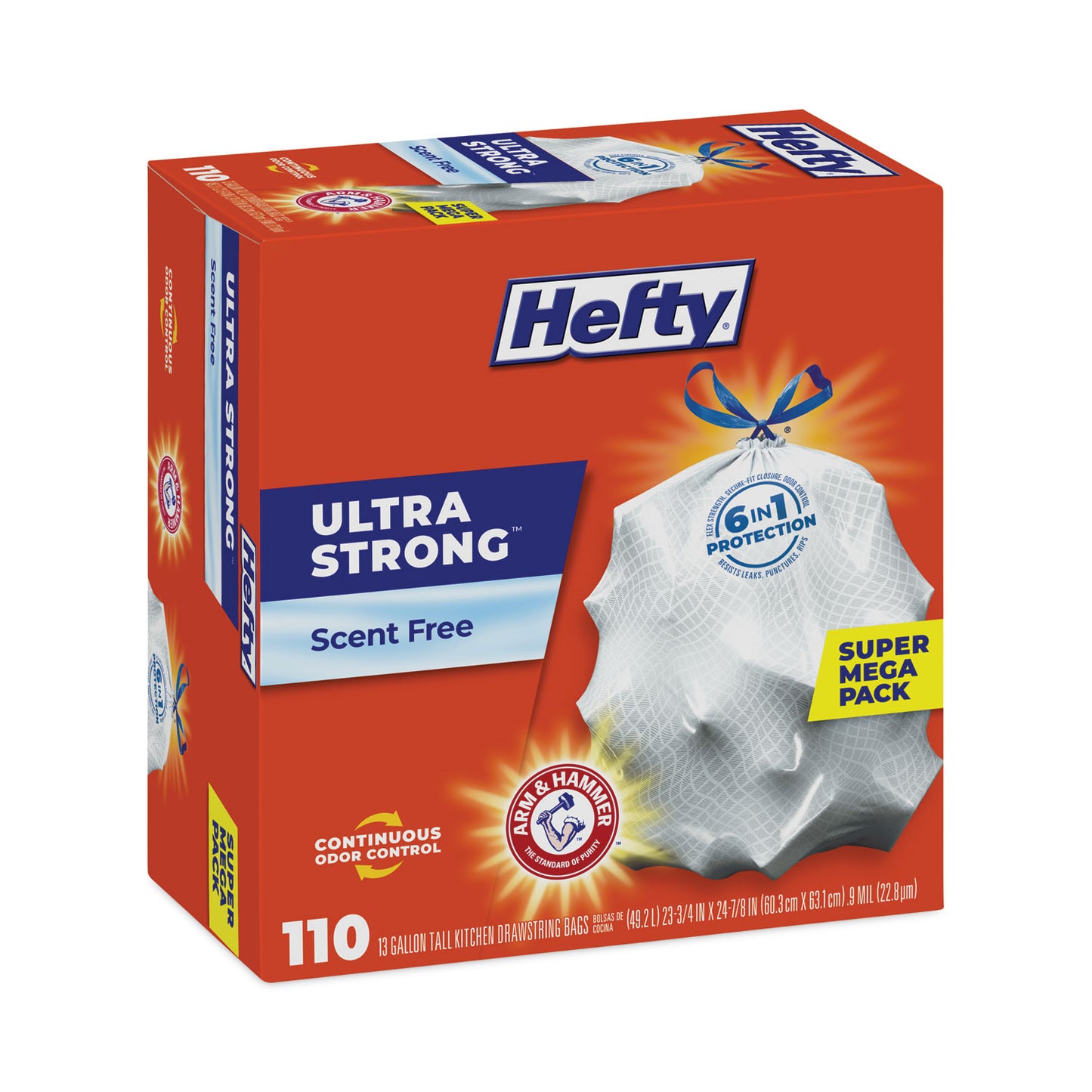 Hefty Ultra Strong Tall Kitchen Trash Bags, Drawstring, 13 gal, 23.75" x 24.88", White, 110/Box (E88368)