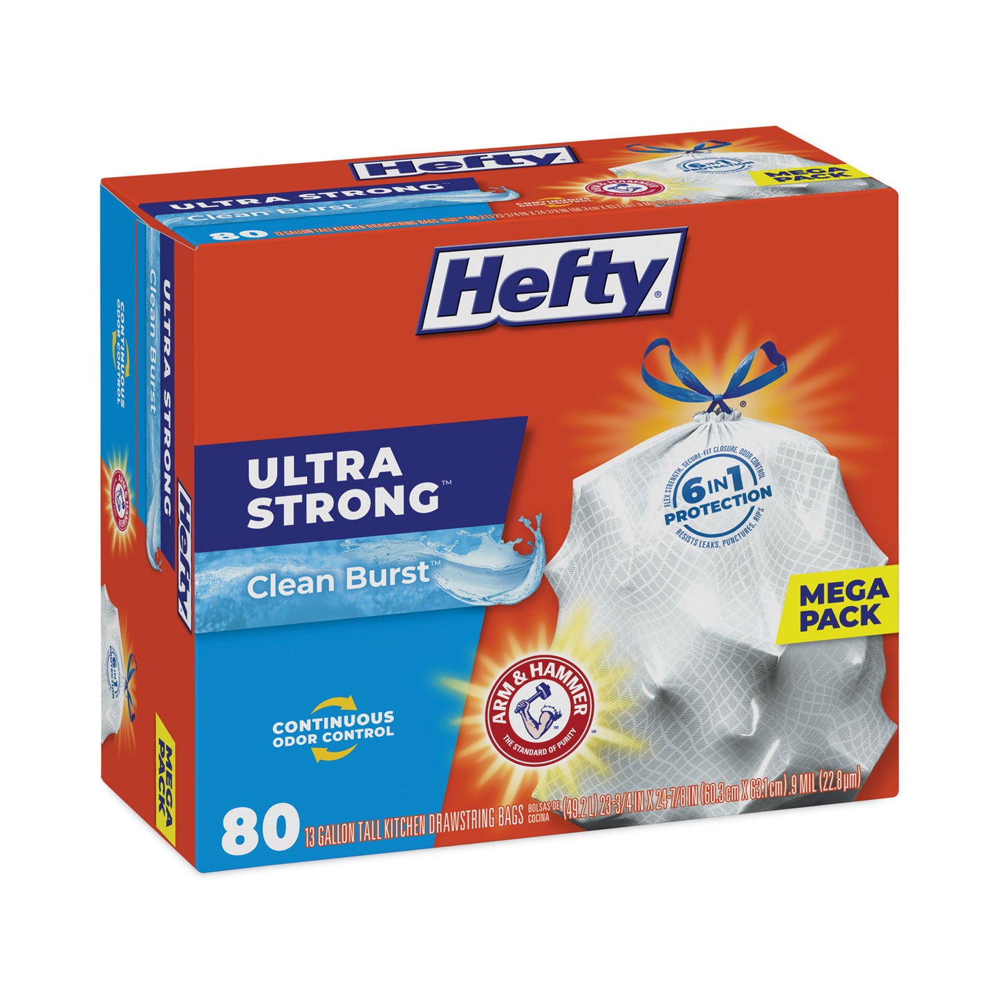 Hefty Ultra Strong Scented Tall Kitchen Bags, Drawstring, 13 gal, Clean Burst, 24.75" x 24.88", White, 80 Bags/Box, 3 Boxes/Carton (E88356CT)