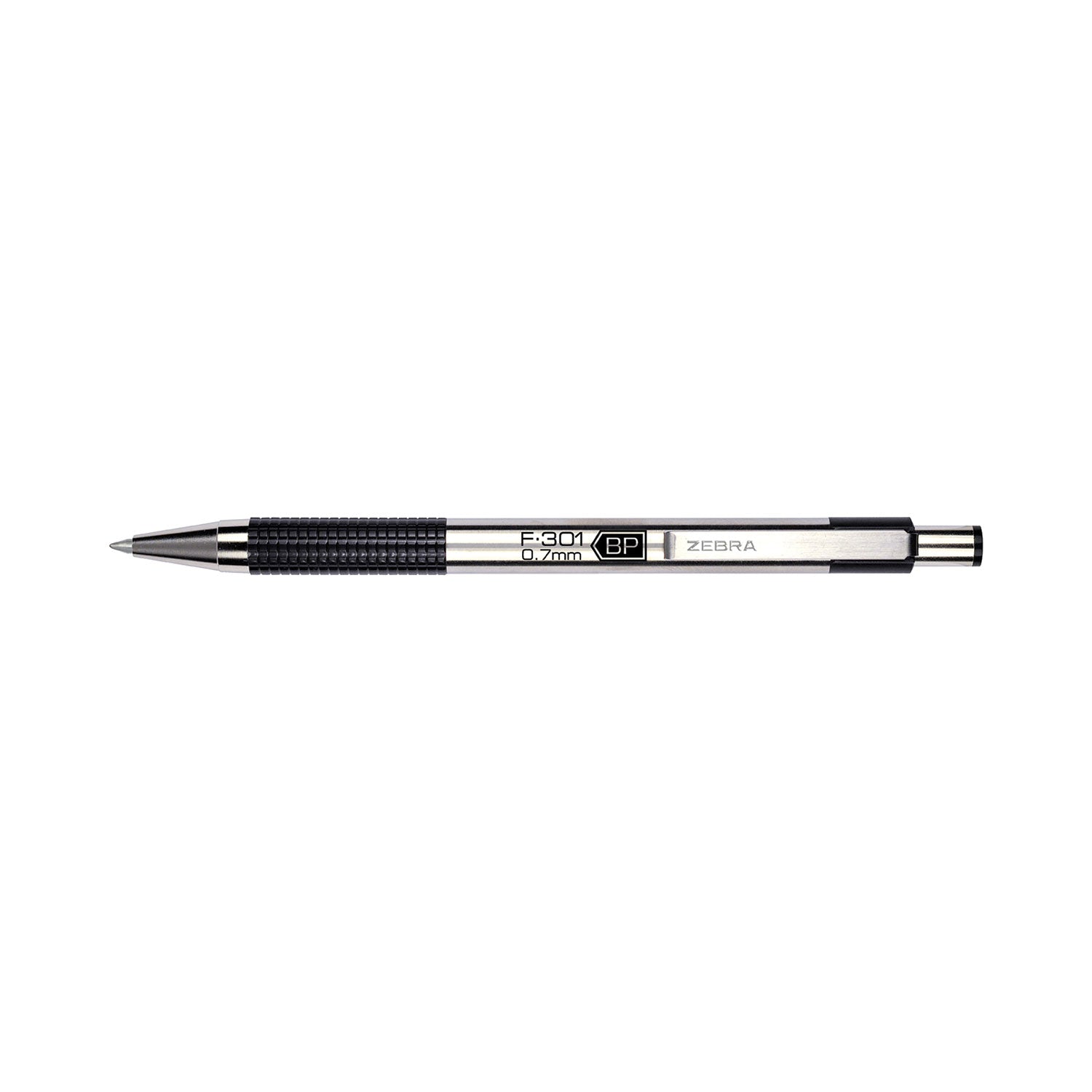 Zebra F-301 Ballpoint Pen, Retractable, Fine 0.7 mm, Black Ink, Stainless Steel/Black Barrel, 2/Pack (27112)