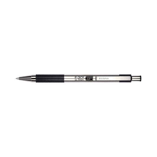 Zebra F-301 Ballpoint Pen, Retractable, Fine 0.7 mm, Black Ink, Stainless Steel/Black Barrel, 2/Pack (27112)