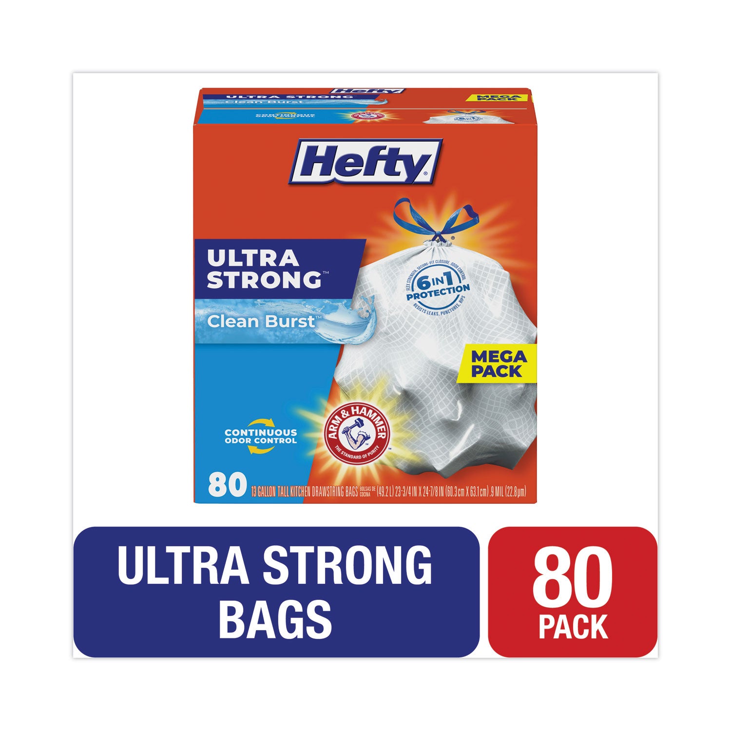 Hefty Extra Heavy-Duty Ultra Strong Scented Tall Kitchen Bags, Drawstring, 13 gal, Clean Burst, 23.75" x 24.88", White, 80/Box (E88356)