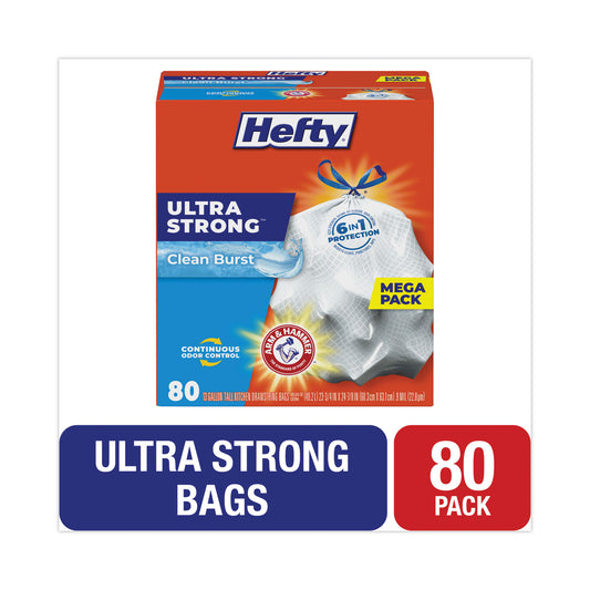 Hefty Extra Heavy-Duty Ultra Strong Scented Tall Kitchen Bags, Drawstring, 13 gal, Clean Burst, 23.75" x 24.88", White, 80/Box (E88356)