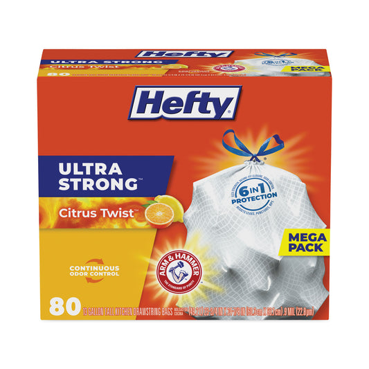 Hefty Ultra Strong Scented Tall Kitchen Bags, Drawstring, 13 gal, Citrus Twist, 23.75" x 24.88", White, 80 Bags/Box, 3 Boxes/Carton (E88354CT)