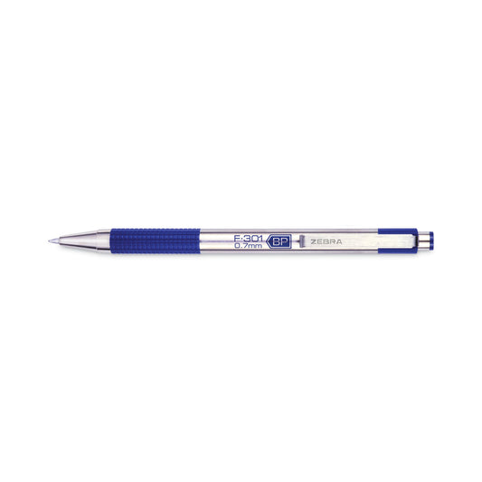 Zebra F-301 Ballpoint Pen, Retractable, Fine 0.7 mm, Blue Ink, Stainless Steel/Blue Barrel (27120)