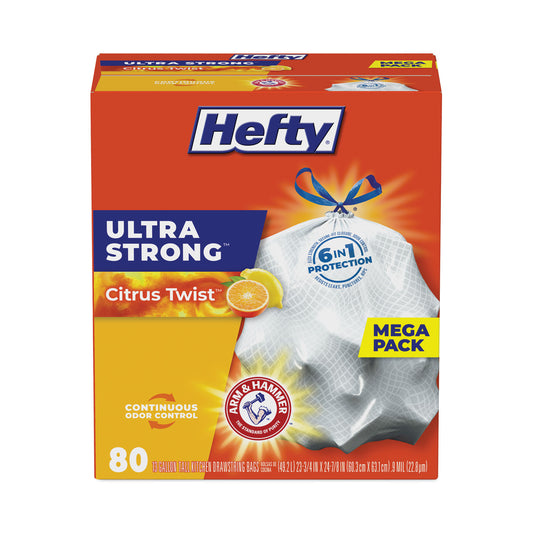 Hefty Extra Heavy-Duty Ultra Strong Scented Tall Kitchen Bags, Drawstring, 13 gal, Citrus Twist, 23.75" x 24.88", White, 80/Box (E88354)