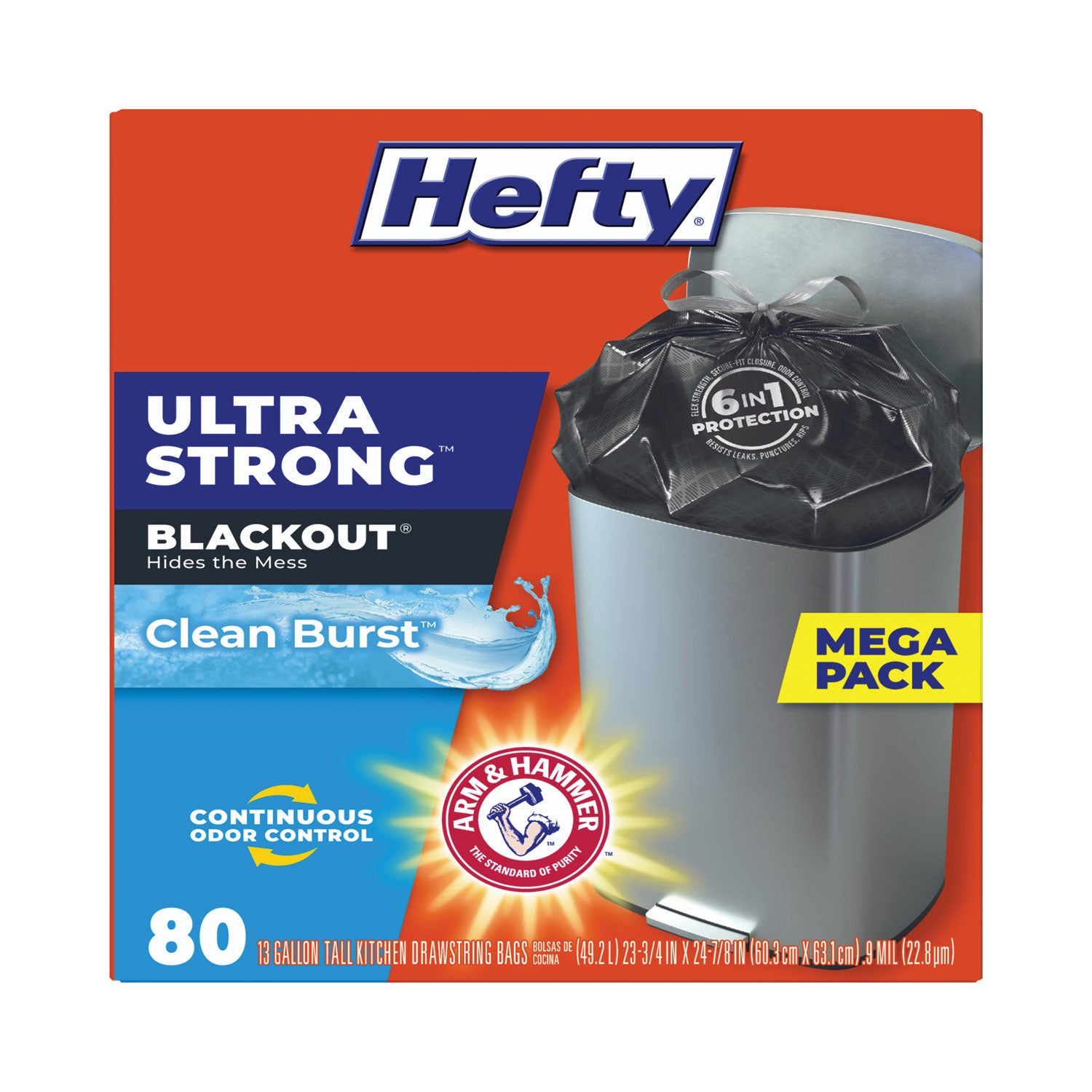 Hefty Ultra Strong BlackOut Tall-Kitchen Drawstring Bags, 13 gal, 23.75" x 24.88", Black, 80 Bags/Box, 3 Boxes/Carton (E88352CT)