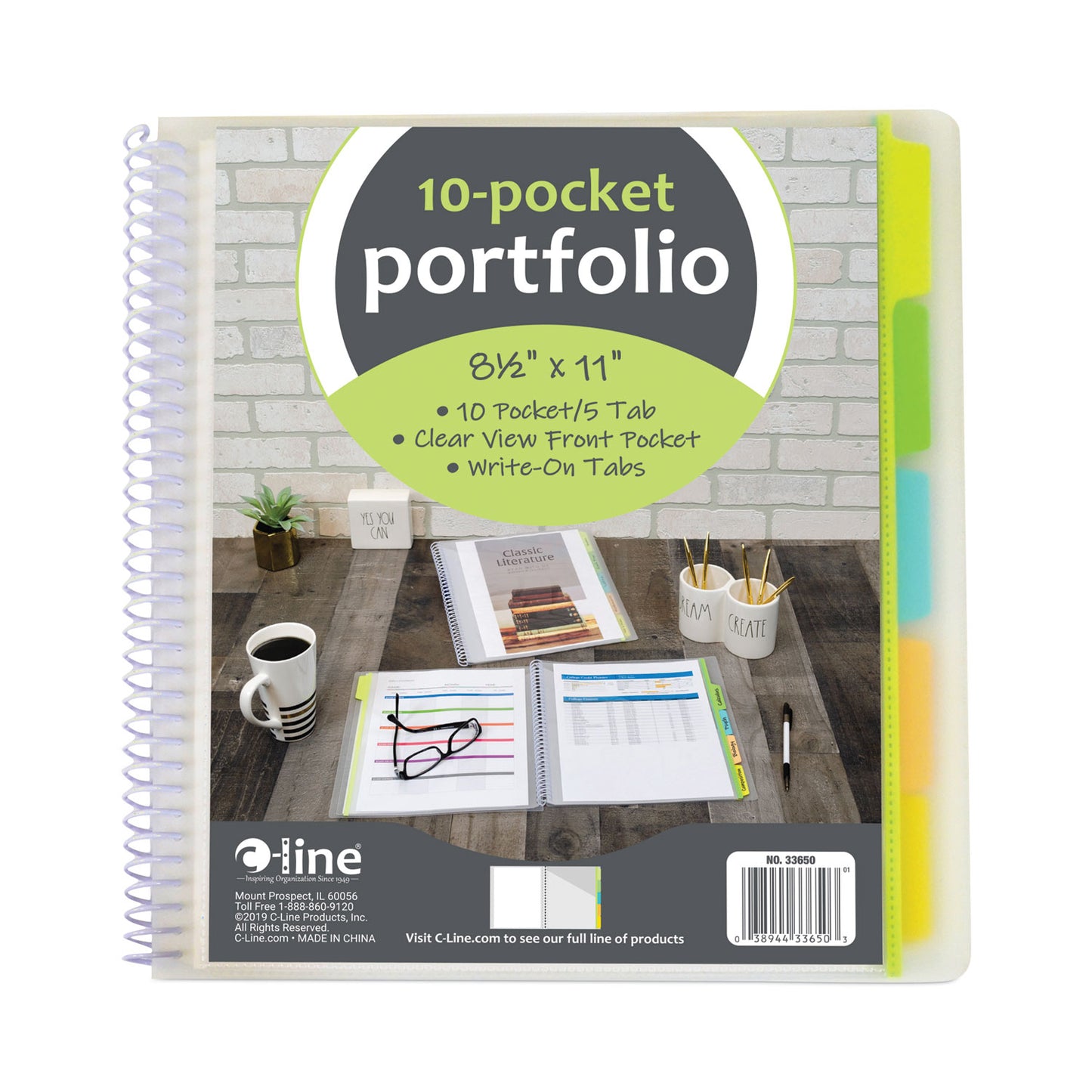 C-Line 10-Pocket Poly Portfolio with Write-On Tabs, 8.5 x 11, Clear/Clear (33650)