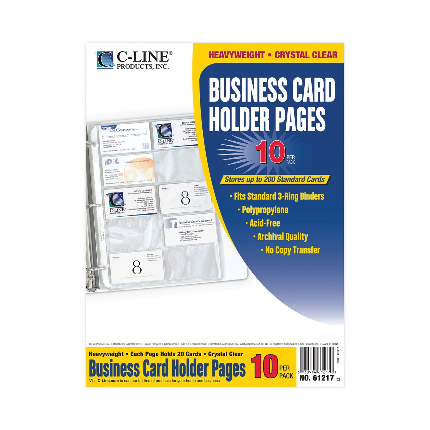 C-Line Business Card Binder Pages, For 2 x 3.5 Cards, Clear, 20 Cards/Sheet, 10 Sheets/Pack (61217)