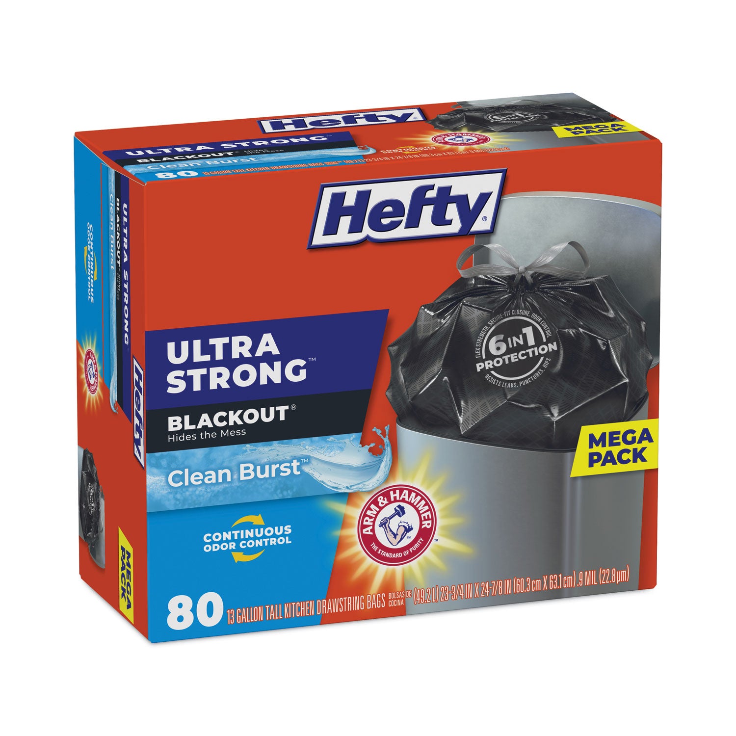 Hefty Ultra Strong BlackOut Tall-Kitchen Drawstring Bags, 13 gal, 23.75" x 24.88", Black, 80 Bags/Box, 3 Boxes/Carton (E88352CT)