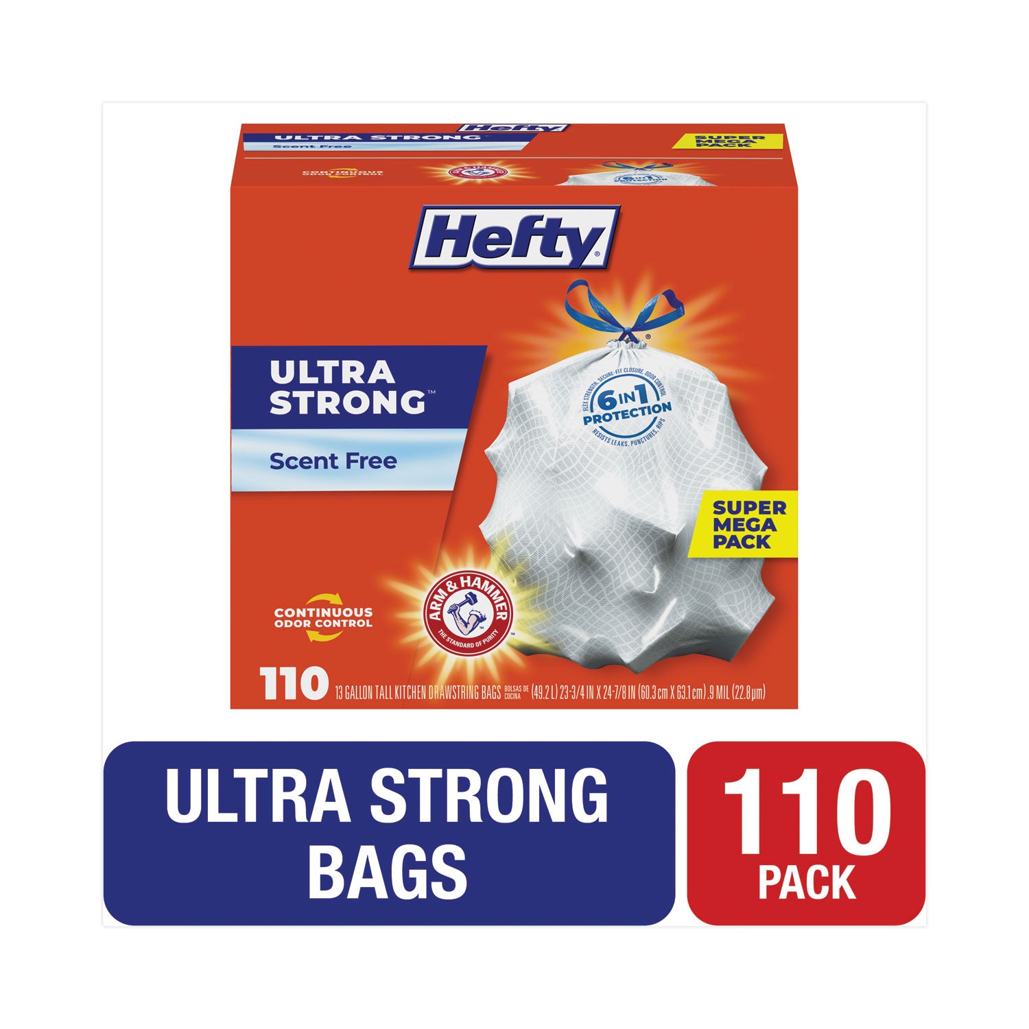 Hefty Ultra Strong Tall Kitchen Trash Bags, Drawstring, 13 gal, 23.75" x 24.88", White, 110/Box (E88368)