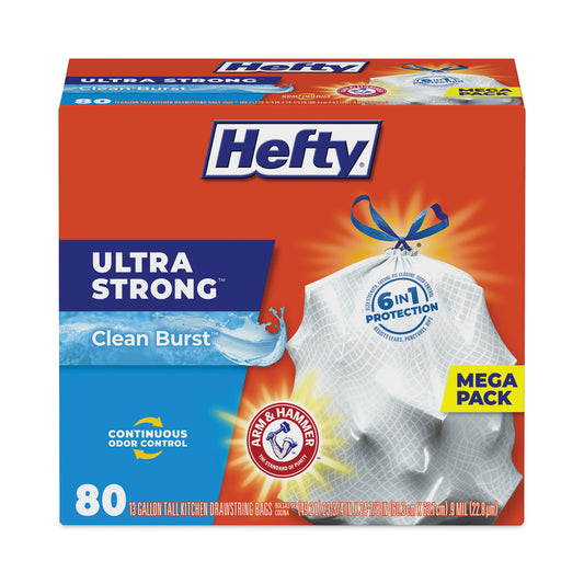 Hefty Ultra Strong Scented Tall Kitchen Bags, Drawstring, 13 gal, Clean Burst, 24.75" x 24.88", White, 80 Bags/Box, 3 Boxes/Carton (E88356CT)