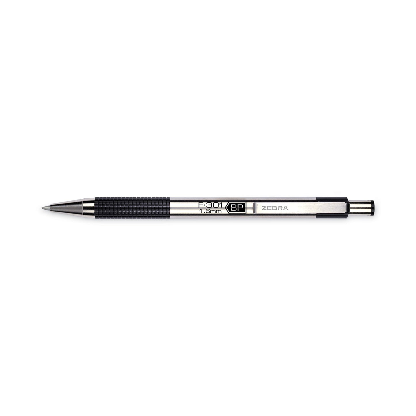 Zebra F-301 Ballpoint Pen, Retractable, Bold 1.6 mm, Black Ink, Stainless Steel/Black Barrel, 2/Pack (27312)