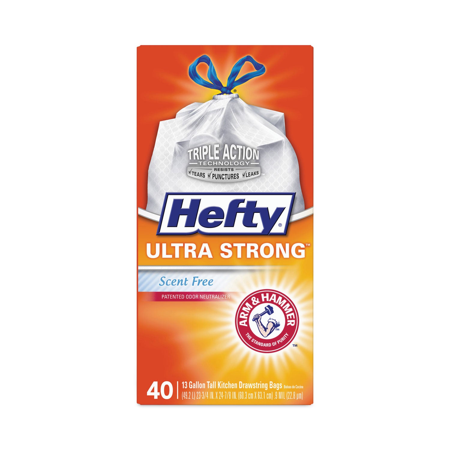 Hefty Extra Heavy-Duty Ultra Strong Tall Kitchen Trash Bags, Drawstring, 13 gal, 23.75" x 24.88", White, 40/Box (E88338)