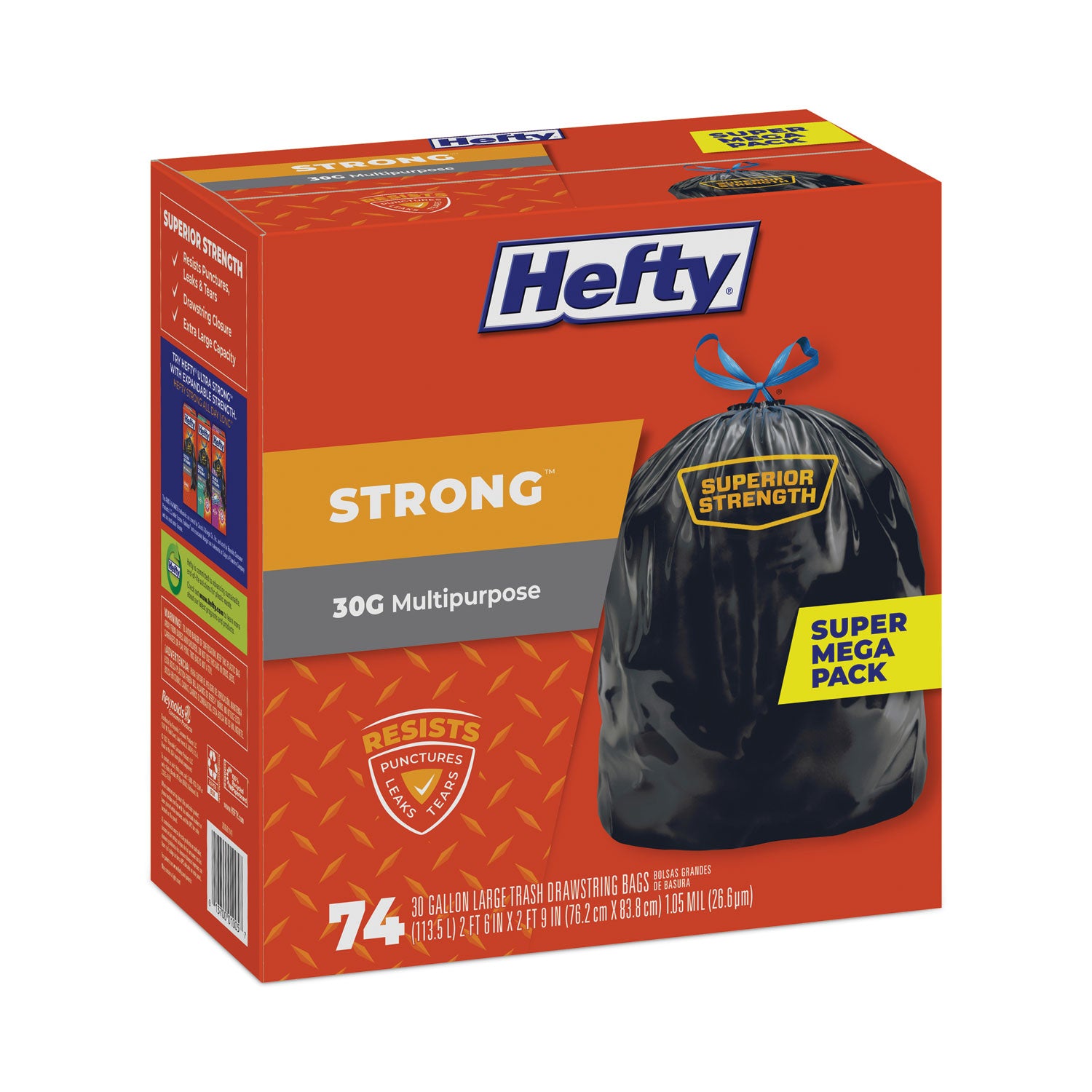 Hefty Strong Multipurpose Drawstring Trash Bags, 30 gal, 1.1 mil, 30" x 33", Black, 74/Box (E85274)