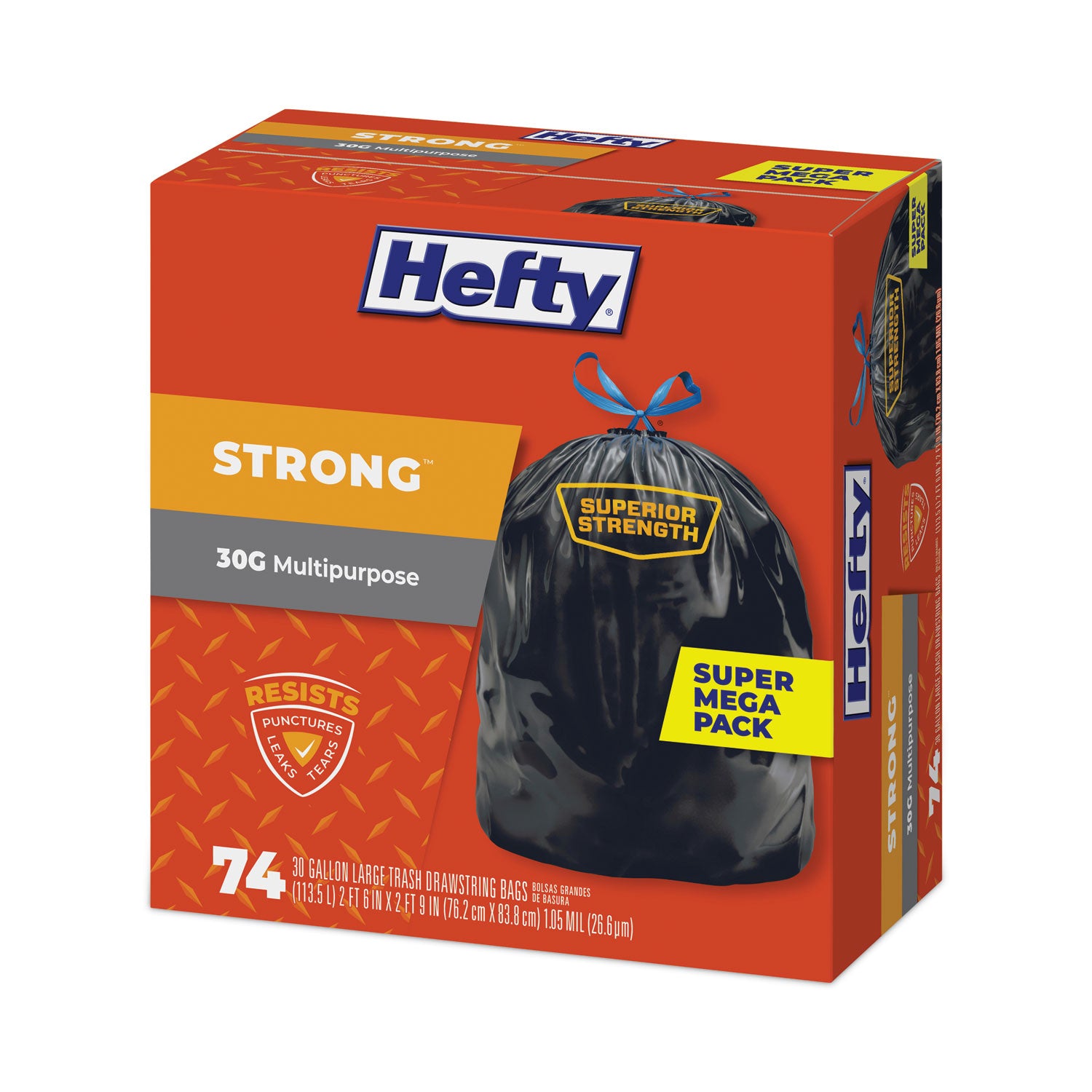 Hefty Strong Multipurpose Drawstring Trash Bags, 30 gal, 1.1 mil, 30" x 33", Black, 74/Box (E85274)