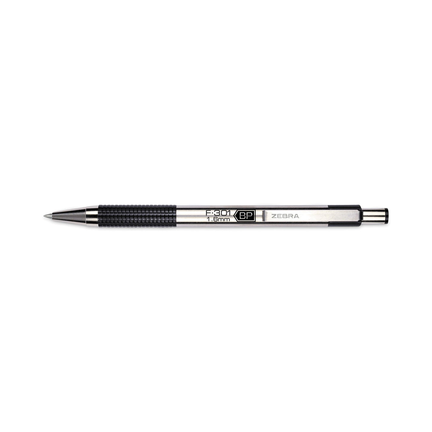 Zebra F-301 Ballpoint Pen, Retractable, Bold 1.6 mm, Black Ink, Stainless Steel/Black Barrel, 12/Pack (27310)