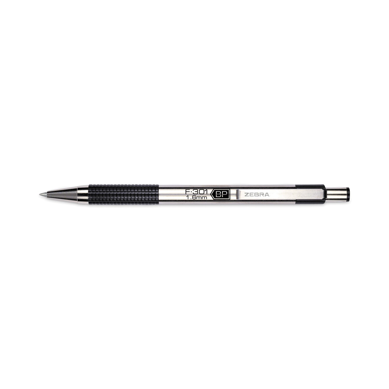 Zebra F-301 Ballpoint Pen, Retractable, Bold 1.6 mm, Black Ink, Stainless Steel/Black Barrel, 12/Pack (27310)