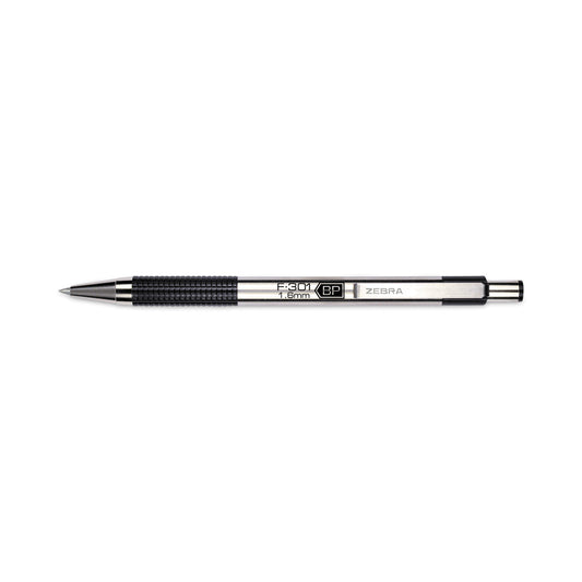 Zebra F-301 Ballpoint Pen, Retractable, Bold 1.6 mm, Black Ink, Stainless Steel/Black Barrel, 12/Pack (27310)