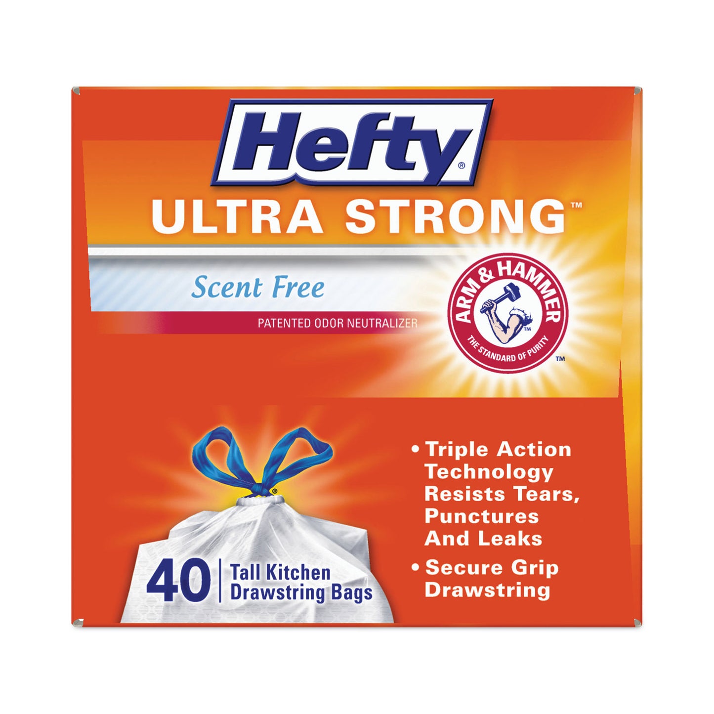 Hefty Extra Heavy-Duty Ultra Strong Tall Kitchen Trash Bags, Drawstring, 13 gal, 23.75" x 24.88", White, 40 Bags/Box, 6 Boxes/CT (E88338CT)