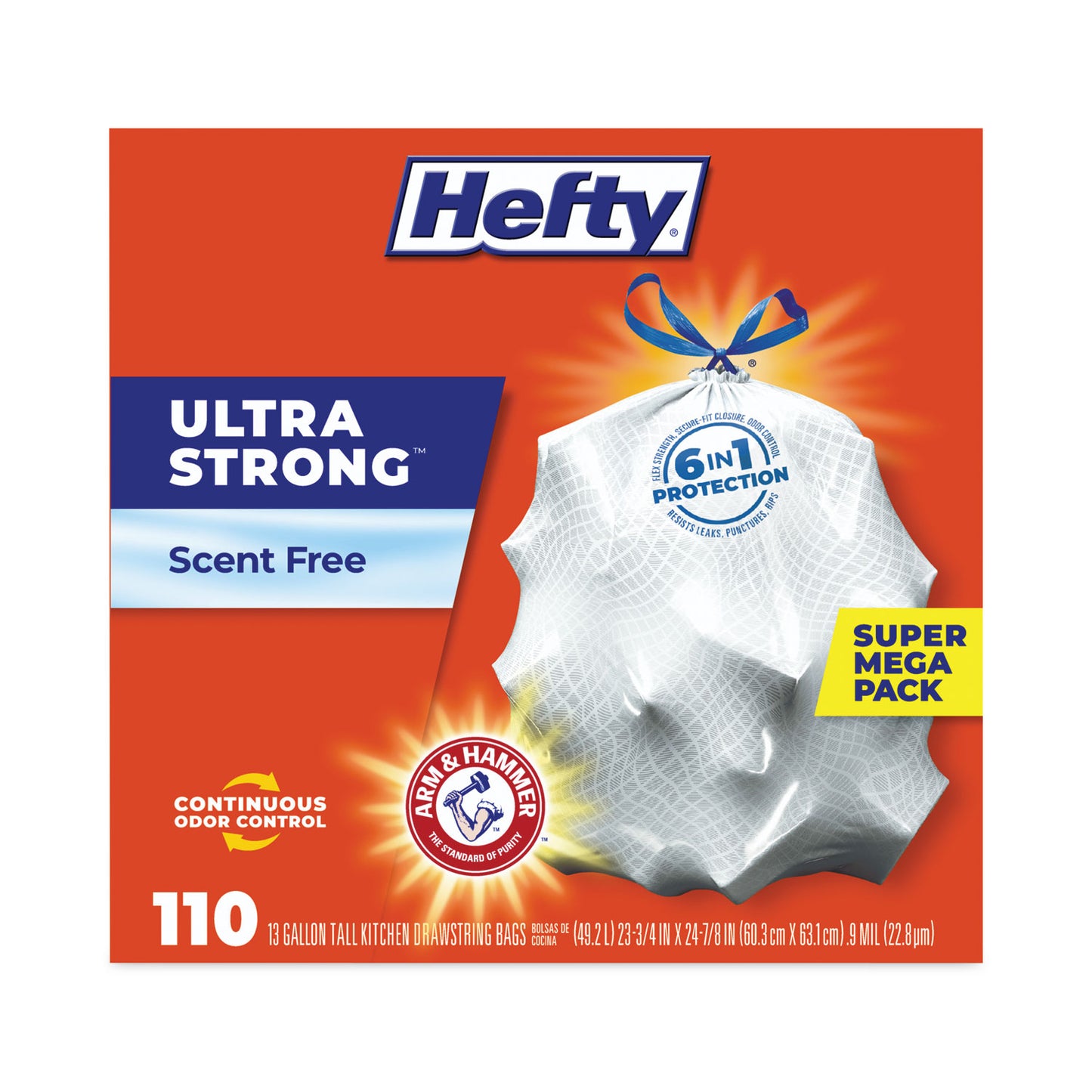 Hefty Ultra Strong Tall Kitchen Trash Bags, Drawstring, 13 gal, 23.75" x 24.88", White, 110/Box (E88368)