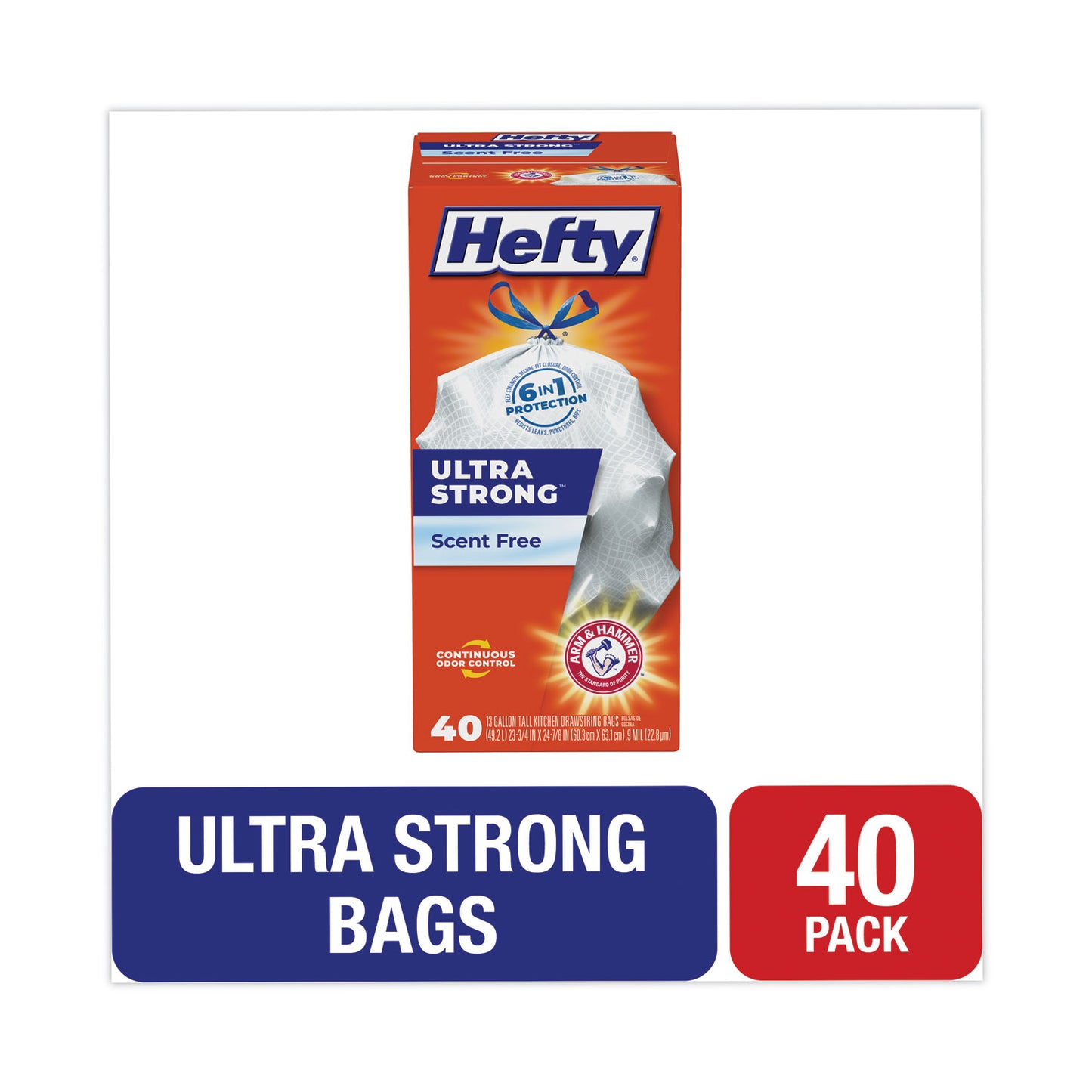 Hefty Extra Heavy-Duty Ultra Strong Tall Kitchen Trash Bags, Drawstring, 13 gal, 23.75" x 24.88", White, 40/Box (E88338)